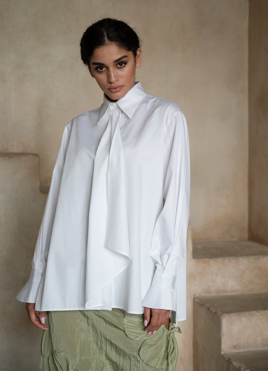 Quinta Tie Detail White Organic Cotton Shirt ETNA