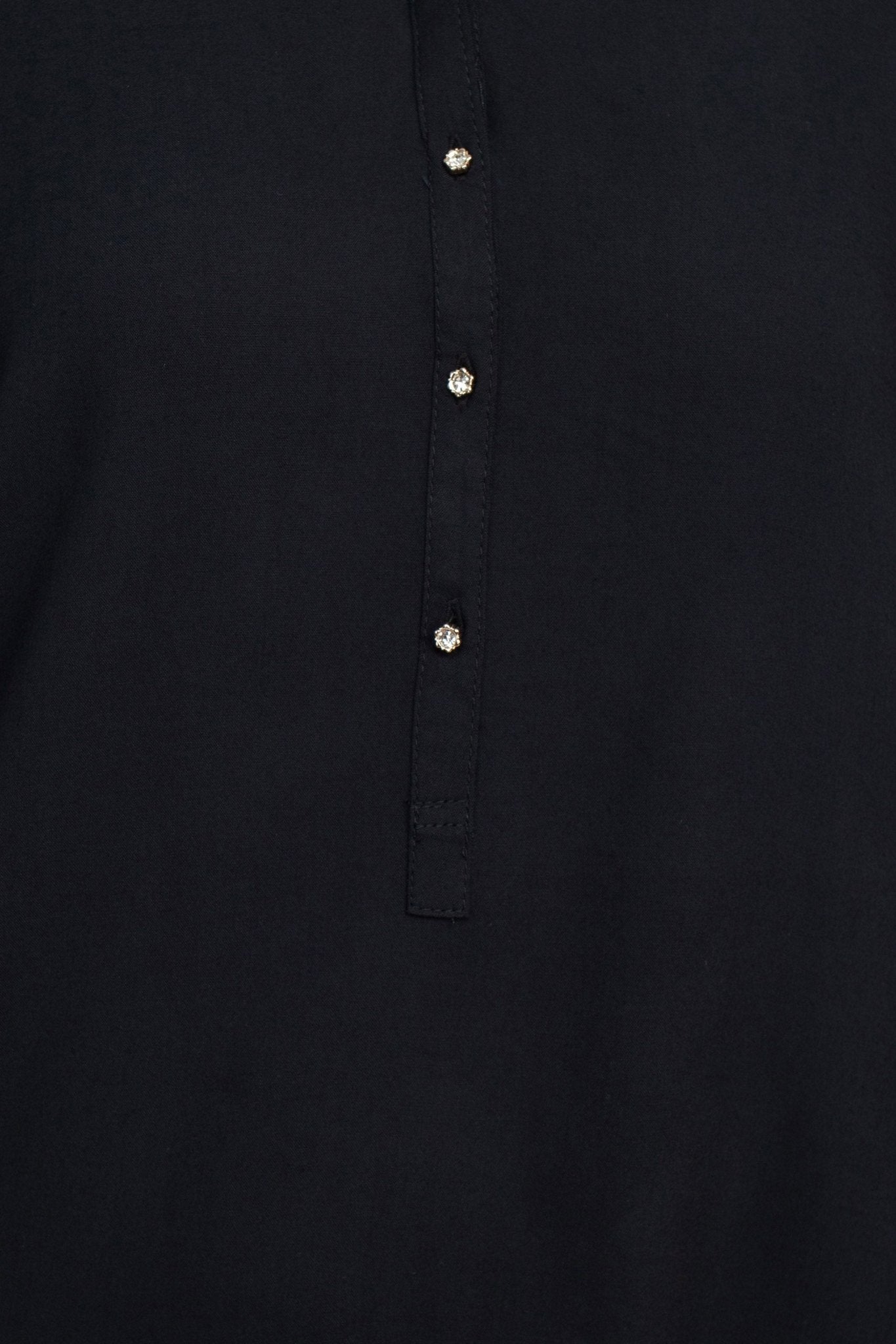 Grand & Green V - Neck Rhinestone Button Detail 3/4th Bishop Sleeves with Elastic Cuffs Rayon Top - Glamourous Grace