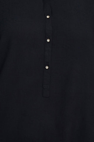 Grand & Green V - Neck Rhinestone Button Detail 3/4th Bishop Sleeves with Elastic Cuffs Rayon Top - Glamourous Grace