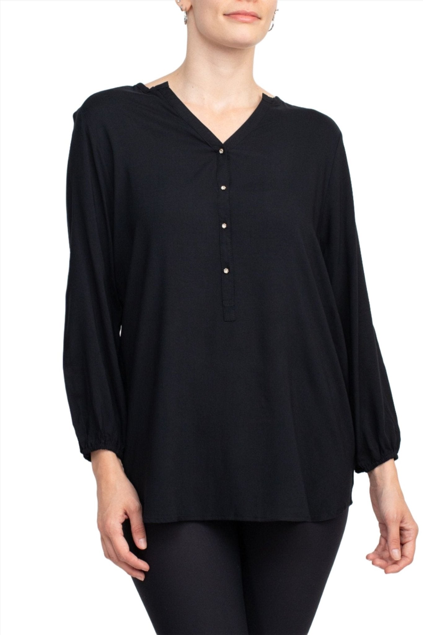 Grand & Green V - Neck Rhinestone Button Detail 3/4th Bishop Sleeves with Elastic Cuffs Rayon Top - Glamourous Grace