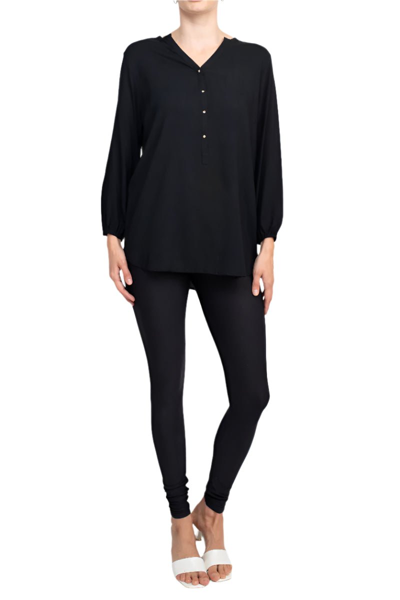 Grand & Green V - Neck Rhinestone Button Detail 3/4th Bishop Sleeves with Elastic Cuffs Rayon Top - Glamourous Grace