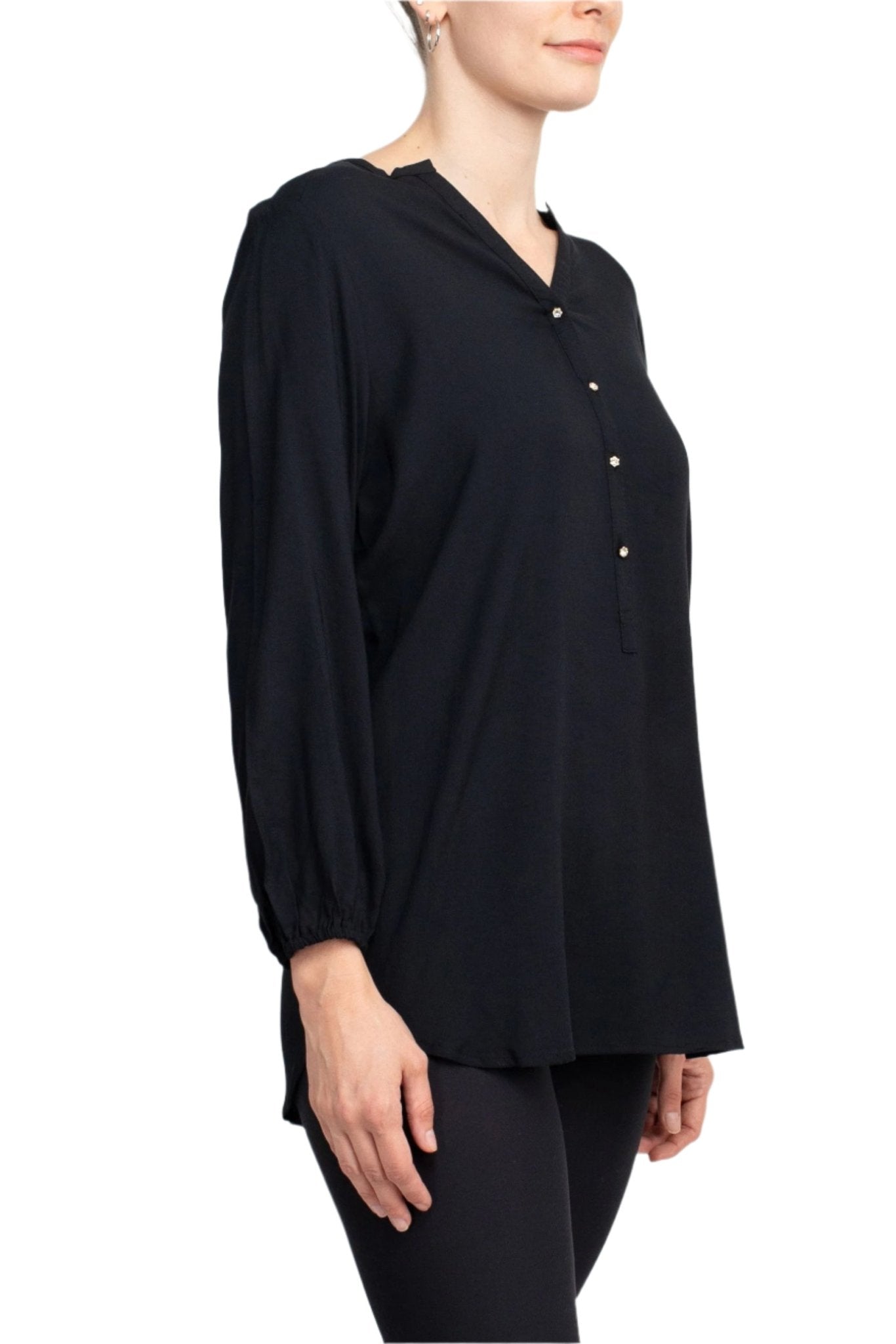 Grand & Green V - Neck Rhinestone Button Detail 3/4th Bishop Sleeves with Elastic Cuffs Rayon Top - Glamourous Grace