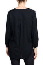 Grand & Green V - Neck Rhinestone Button Detail 3/4th Bishop Sleeves with Elastic Cuffs Rayon Top - Glamourous Grace