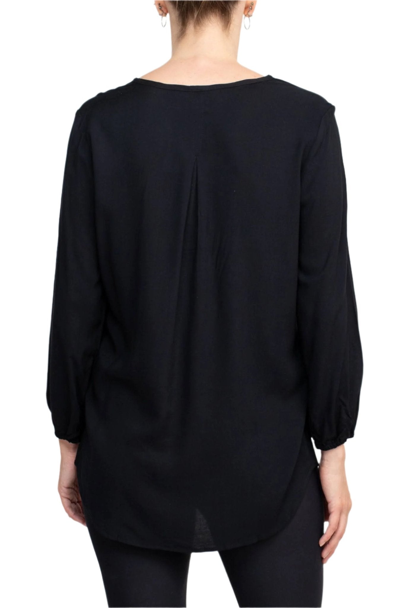 Grand & Green V - Neck Rhinestone Button Detail 3/4th Bishop Sleeves with Elastic Cuffs Rayon Top - Glamourous Grace