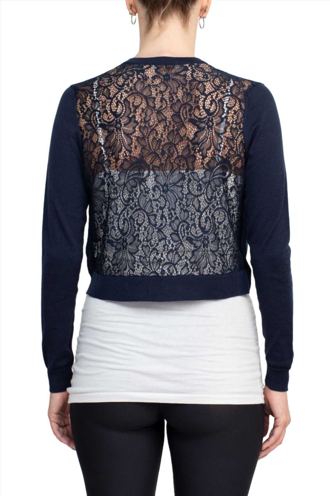 Luxxe Lane Crew Neck Long Sleeve Lace Back Hook Closure Knit Cardigan - Glamourous Grace