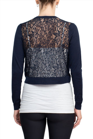 Luxxe Lane Crew Neck Long Sleeve Lace Back Hook Closure Knit Cardigan - By Baano