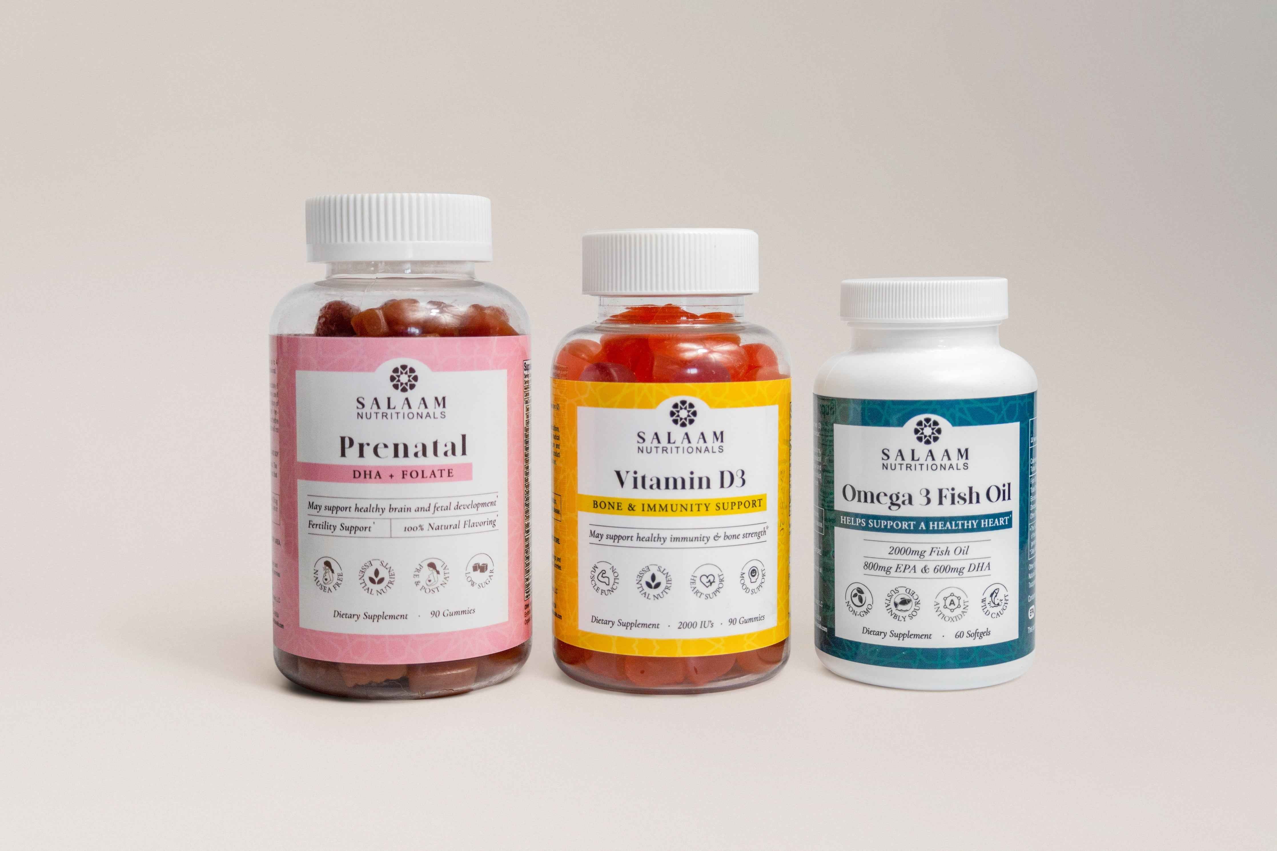 Halal Prenatal Bundle: Vitamin D3, Omega 3 Fish Oil & Prenatal Gummies (3 Bottles)