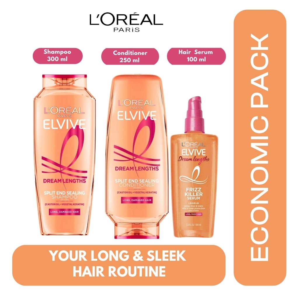 Loreal Paris Elseve (Elvive) Dream Long 3 Economic Pack Shampoo,Conditioner and Lamination Hair Serum Set Chivela