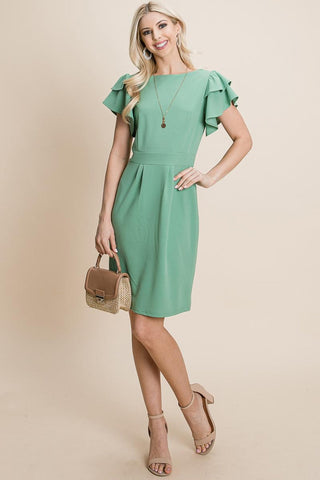 Ruffle Sleeve Boat-Neck Sheath Bodycon Dress