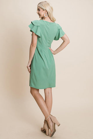 Ruffle Sleeve Boat-Neck Sheath Bodycon Dress