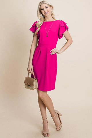 Ruffle Sleeve Boat-Neck Sheath Bodycon Dress
