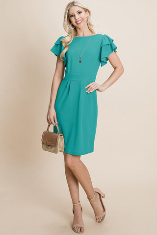Ruffle Sleeve Boat-Neck Sheath Bodycon Dress