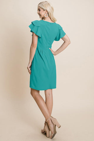 Ruffle Sleeve Boat-Neck Sheath Bodycon Dress