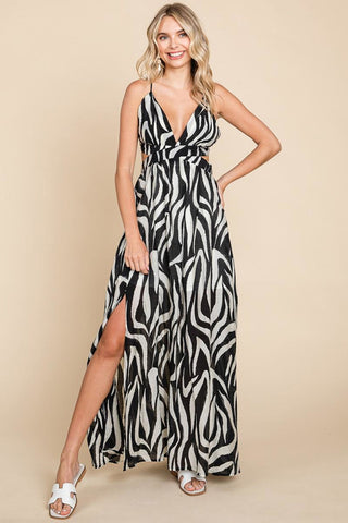 Deep V Neck Open Back Zebra Print Boho Maxi Dress
