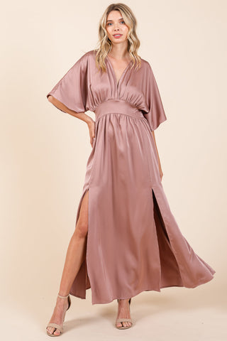 Double Stain Split Hem Smocked Kimono Maxi Dress