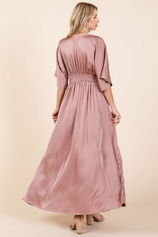 Double Stain Split Hem Smocked Kimono Maxi Dress