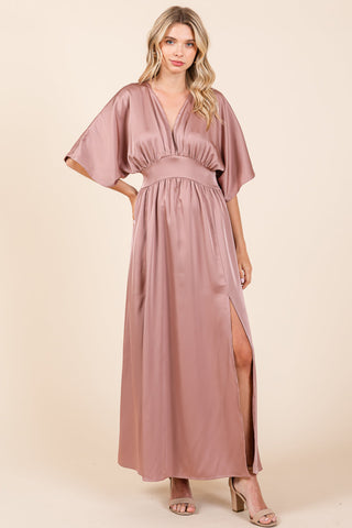 Double Stain Split Hem Smocked Kimono Maxi Dress