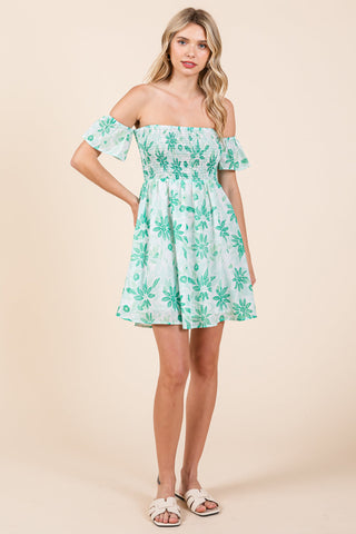 Floral Off Shoulder Smocked Mini Dress