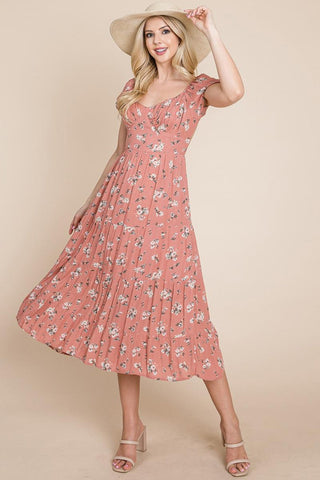 Floral Pleated Open Back Midi Dress