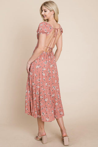 Floral Pleated Open Back Midi Dress