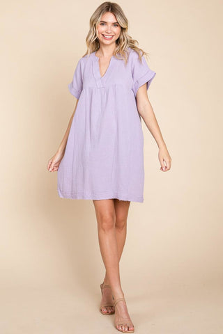Plus Gauze Raw Edge V Neck Pocket Shift Mini Dress