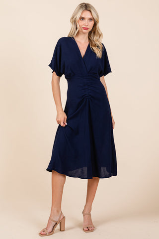 V Neck Short Sleeve Ruched Midi Dress