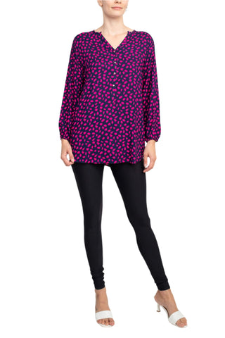 Grand & Greene V - Neck Rhinestone Button Detail Long Bishop Sleeves with Elastic Hem Printed Rayon Top - Glamourous Grace