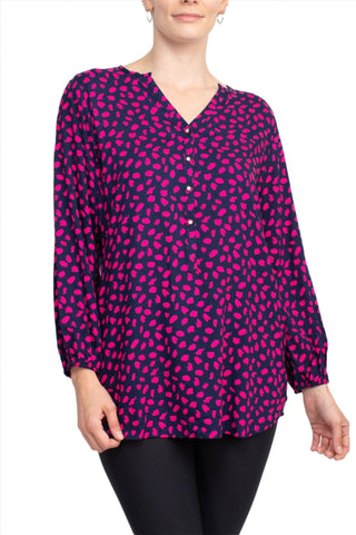 Grand & Greene V - Neck Rhinestone Button Detail Long Bishop Sleeves with Elastic Hem Printed Rayon Top - Glamourous Grace