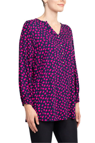 Grand & Greene V - Neck Rhinestone Button Detail Long Bishop Sleeves with Elastic Hem Printed Rayon Top - Glamourous Grace