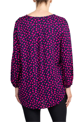 Grand & Greene V - Neck Rhinestone Button Detail Long Bishop Sleeves with Elastic Hem Printed Rayon Top - Glamourous Grace