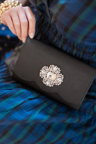 Ruby Scalloped - Faille Black Clutch