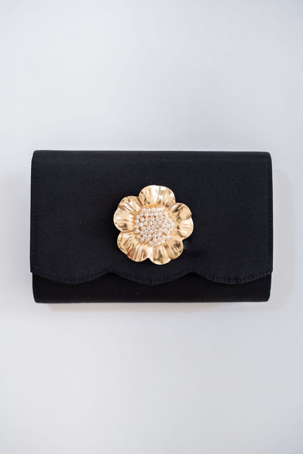 Ruby Scalloped - Faille Black Clutch