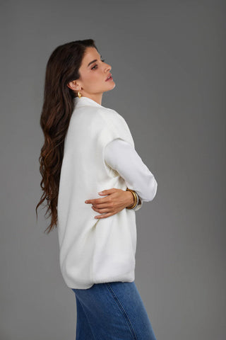 Cotton V Nek Sweater Vest White - By Baano