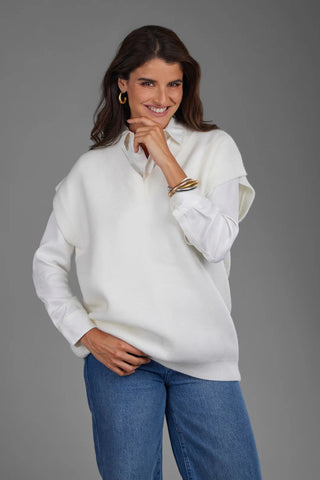 Cotton V Nek Sweater Vest White - By Baano