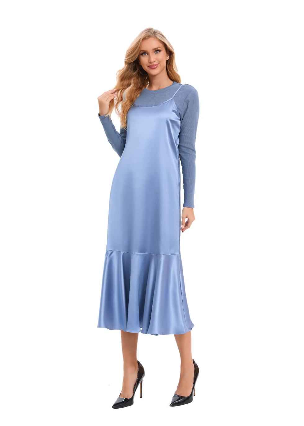 Satin Blue Midi Slip Dress with Top