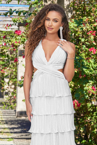 Saylor Pleated Satin Ruffle Maxi Dress - White - By Baano