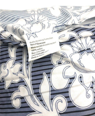 DaDa Bedding Navy Blue Floral Striped Fitted + Flat Sheets & Pillow Cases Set (FSFS8153)