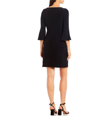 Marina Boat Neck Embellished Keyhole Front 3/4 Bell Sleeve Solid ITY Short Dress - By Baano