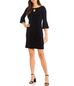 Marina Boat Neck Embellished Keyhole Front 3/4 Bell Sleeve Solid ITY Short Dress - Glamourous Grace