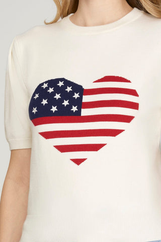 SHORT SLEEVE HEART AMERICAN FLAG SWEATER TOP - By Baano