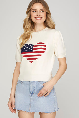 SHORT SLEEVE HEART AMERICAN FLAG SWEATER TOP - By Baano