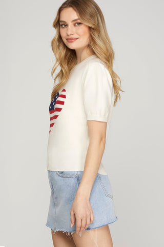 SHORT SLEEVE HEART AMERICAN FLAG SWEATER TOP - By Baano