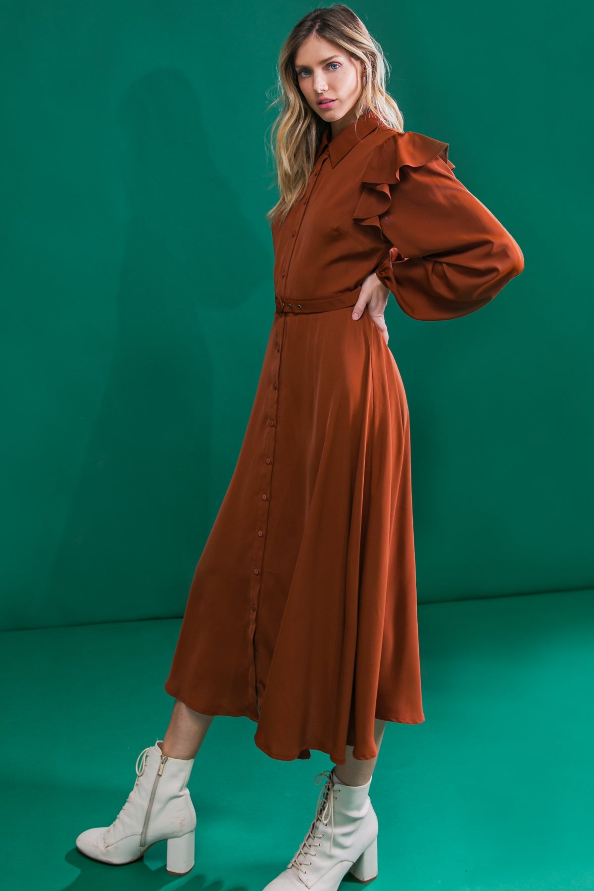 TIER ELEGANCE BROWN WOVEN MIDI DRESS - By Baano