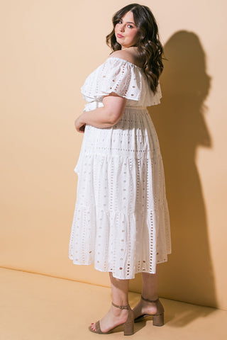 CATCHING MY BREATH EYELET MIDI DRESS - By Baano