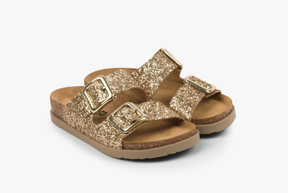 Siena II by LEON– Women’s Leather Sandal- Glitter Double Buckle Slip-on with Cushioned Footbed