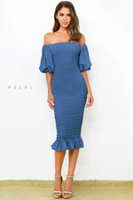 Skyla Shirred Midi Dress - Navy - By Baano