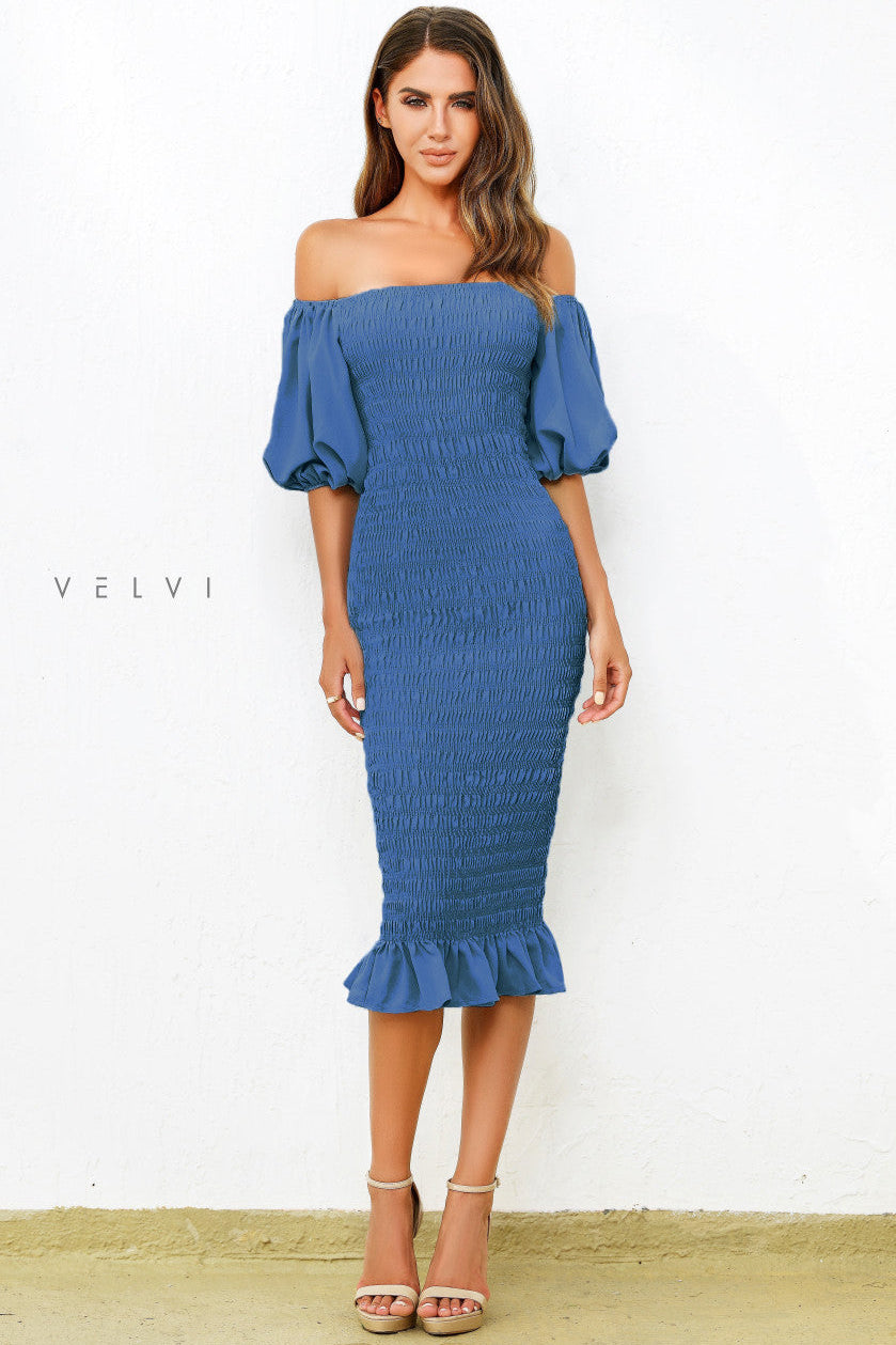 Skyla Shirred Midi Dress - Navy - By Baano