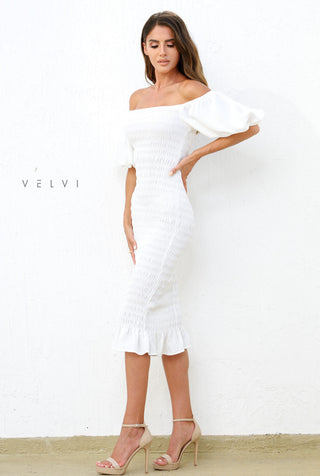 Skyla Shirred Midi Dress - WHITE - By Baano