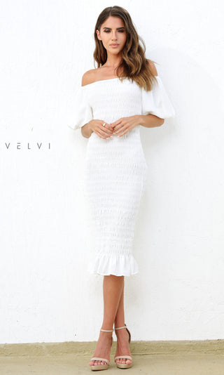 Skyla Shirred Midi Dress - WHITE - By Baano