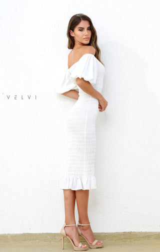 Skyla Shirred Midi Dress - WHITE - By Baano